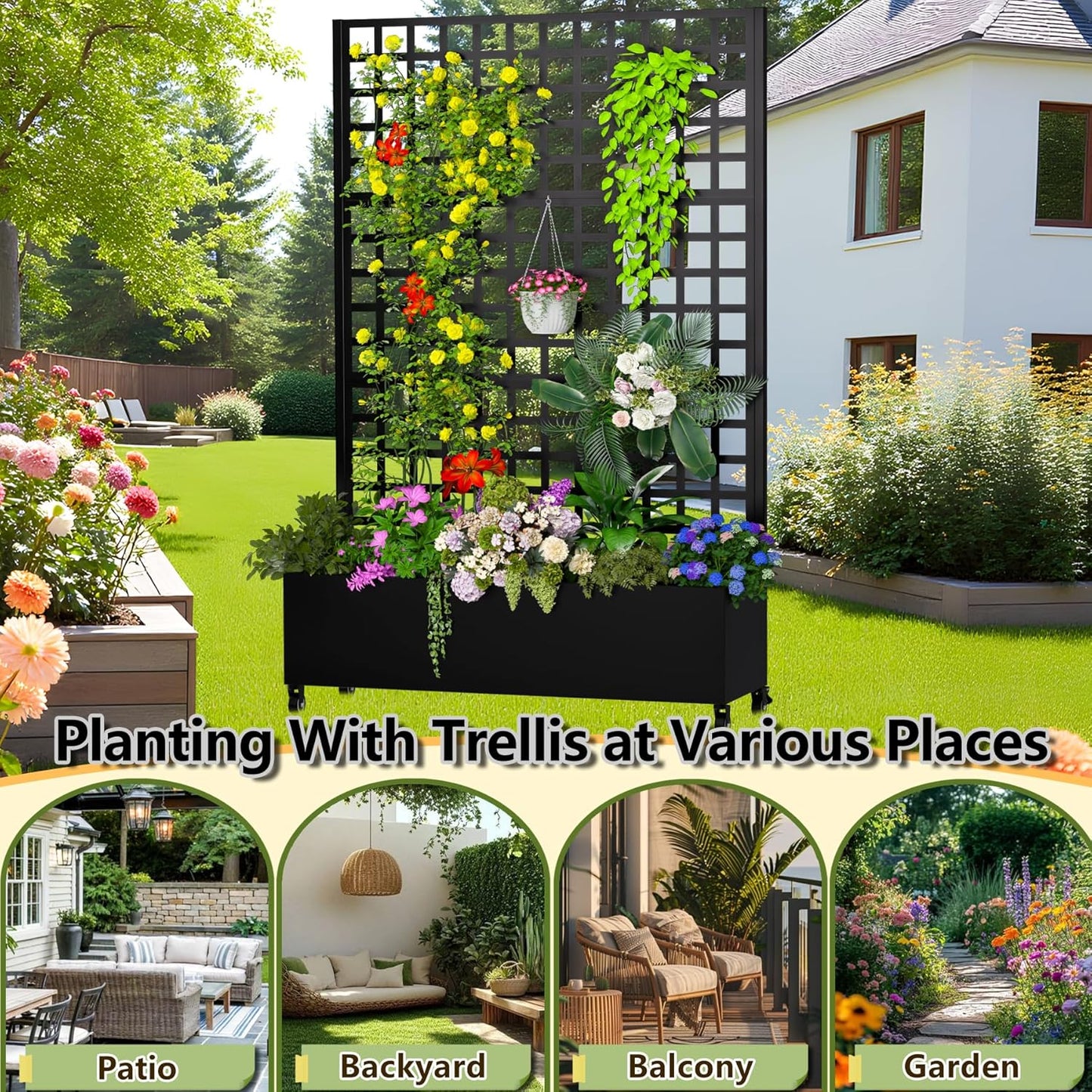 Metal Planter Box with Trellis, 72"x47"x16" Outdoor Galvanized Raised Garden Bed with Privacy Screen & Drainage Holes & Lockable Casters for Climbing Plants, Vegetable, Vines (Black-Grid)