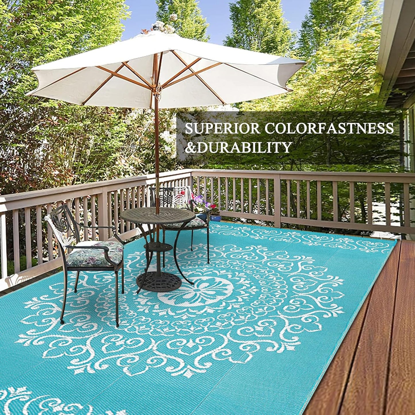 Pauwer Waterproof Outdoor Rug 6x9, Reversible Plastic Straw Patio Camping Rug, Indoor Outdoor RV Mat Carpet for Deck, Camper, Porch, Balcony, Backyard, Picnic, Floral Teal