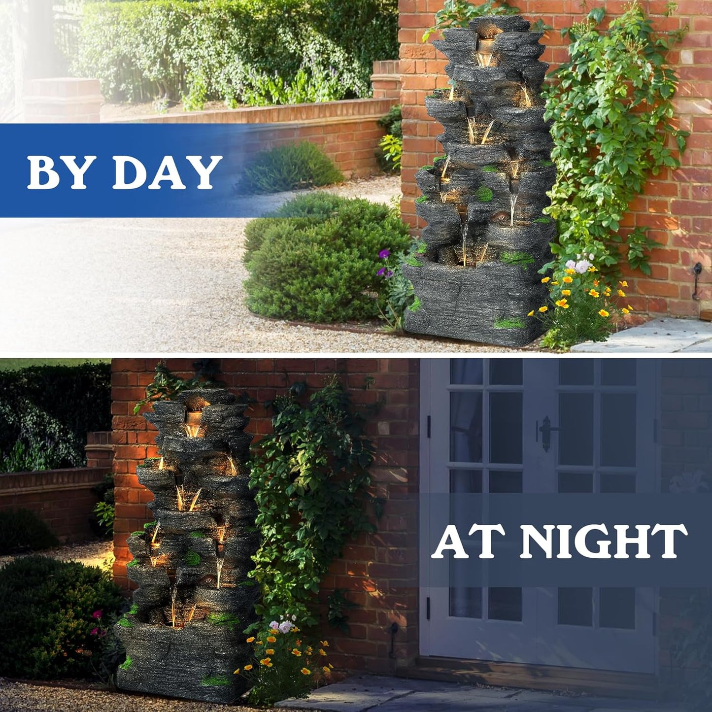 TITIMO 10-Tier Cascading Rock Water Fountain Outdoor Garden Waterfall with Lights,Fountain Indoor Decor for Garden, Patio, Backyard, Deck, Porch and Home Art Decor