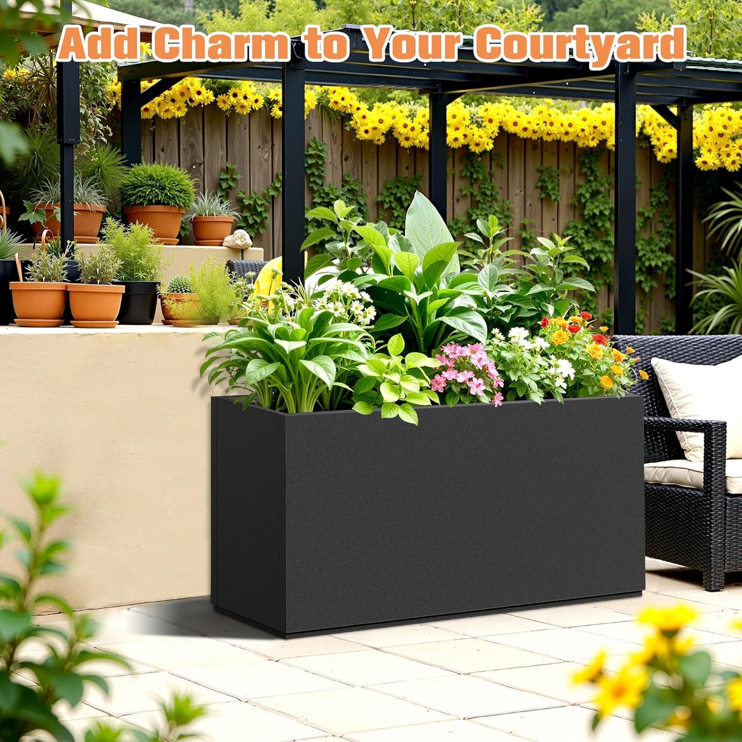 Rectangle Planter for Indoor & Outdoor, Tall and Long Planter Boxes with Drainage Holes, Mental Planter Box All-Weather Use for Plants, Flowers, 32" L x 10" W x 16.3" H, Black