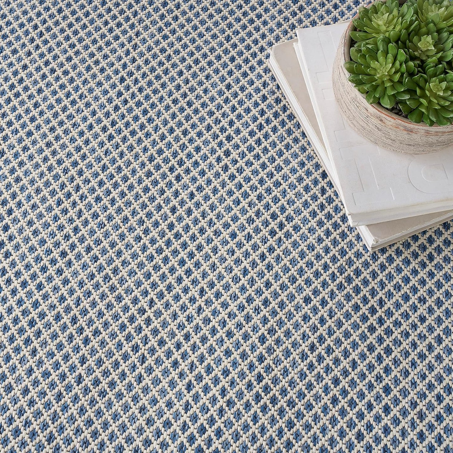 Nourison Home Courtyard Indoor/Outdoor Ivory Blue 8' x Square Area Rug, Easy Cleaning, Non Shedding, Bed Room, Living Room, Dining Room, Backyard, Deck, Patio (8 Square)