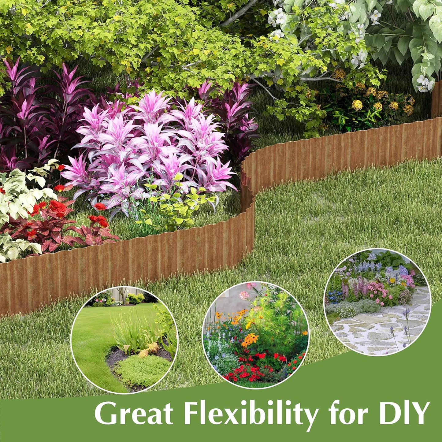 Metal Garden Edging Border, Corrugated Steel Landscaping, DIY for Lawn (Rusty, 6 Inch x 10FT)