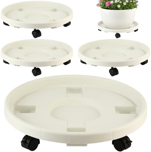 4-pack 16" Extra-large Plant Caddy with Wheels Plastic Plant Dolly with Locking Caster Flower Pot Mover Rollers Wheeled Rolling Plant Stands Round Plant Saucer Indoor Outdoor Base Coasters White