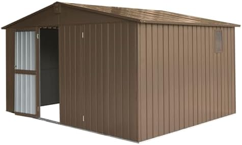 11x9ft Outdoor Storage Shed with Windows, Galvanized Steel Garden Shed, Lockable Double Doors and 16 Vents, Large Capacity Utility Tool Storage for Backyard Patio