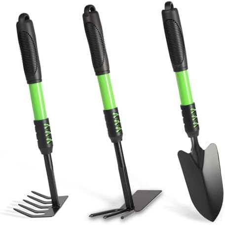 Gardening Tool, 3 Pack Lightweight Heavy Duty Spade Shovel, Garden Tools and Hand Rake with Soft Rubber Non-Slip Handle, for Gardenging Planting Weeding Digging, Green ﻿