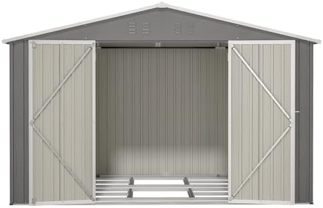 Storage Shed 10x8 FT, Large Metal Tool Shed for Outdoor Storage, Galvanized Steel Garden Shed with Floor & Lockable Doors for Patio, Backyard, Lawn, Grey