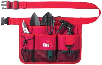 UNCO- Adjustable Gardening Belt, Red, 7 Pockets, Wear, Cut and Water Resistant, Garden Tool Belt Pouch, Waist Apron with Pockets