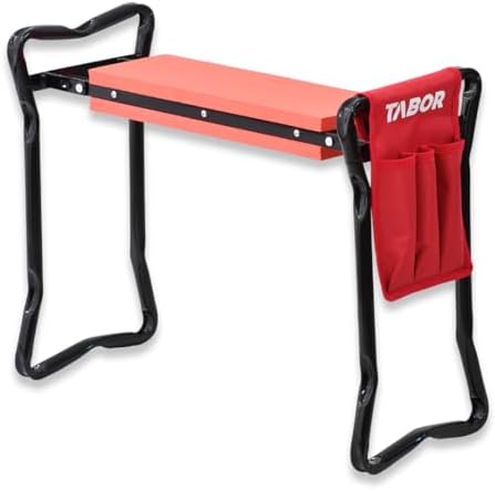 TR2A Garden Kneeler and Seat Bench with Tool Bag Pouch and Foam Pad Cushion, Workseat with Kneeling Bench Option, Light Weight Foldable Stool, Portable Outdoor Kneeler for Gardening.