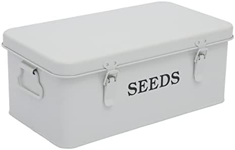 Seed Saving Box, Metal Seed Bin, Seed Storage Organizer, Seed Packet Container with Lid, Seed Envelope Storage Box, 4 Compartments Garden Seed Bin with Safety Locks-White