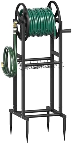 Freestanding Garden Hose Reel holds 125ft Hose of 5/8" with 4 Hooks, 4-Spike Outdoor Hose Holder with 3.9ft Leader Hose & Brass Fitting, Detachable Metal Hose Stand with Storage Rack, Black