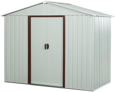 8 x 4 FT Outdoor Storage Shed, Metal Garden Shed with Floor Frame, Tool Shed Outdoor Storage with Lockable Sliding Doors & Air Vents, Storage House Waterproof for Backyard, Lawn, White