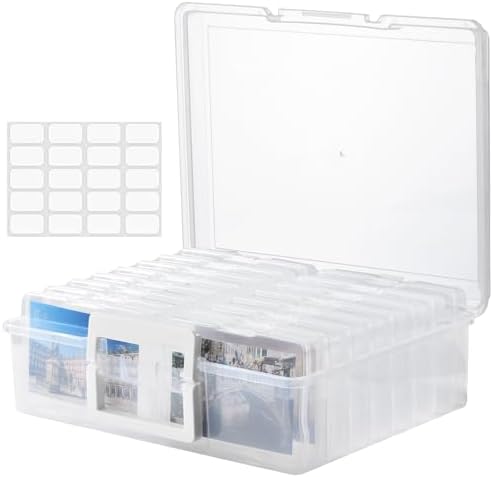 ALINK Photo Storage Box with Handle, 4" x 6" Photo Case Craft Keeper Organizer Container with 16 Inner Case and Label for Pictures, Arts, Crafts, Sewing, Stickers, Office Supplies - Clear