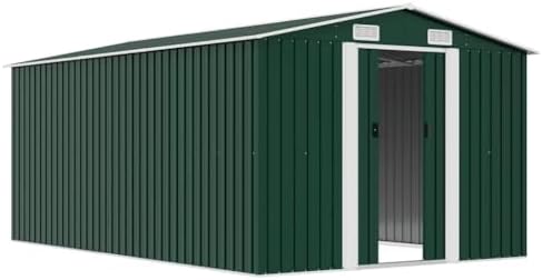 Large Metal Garden Shed 154.3 x 101.2 inch Storage House with Sliding Doors, Galvanized Steel Outdoor Backyard Utility Tool Shelter, Green