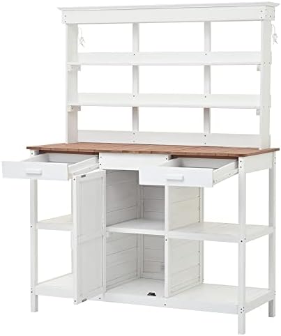66" Large Outdoor Farmhouse Wooden Potting Bench Table, Garden Workstation with 2 Drawers, Cabinet and Open Shelves for Backyard, Mudroom (White/Outdoor#)