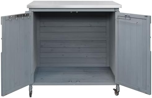 42.1" Outdoor Kitchen Island with Side Shelf,Patio Grill Cart with Storage,Stainless Steel Top, Adjustable Shelf and 4 Wheels,for Pizza Prep (Grey Blue-P)