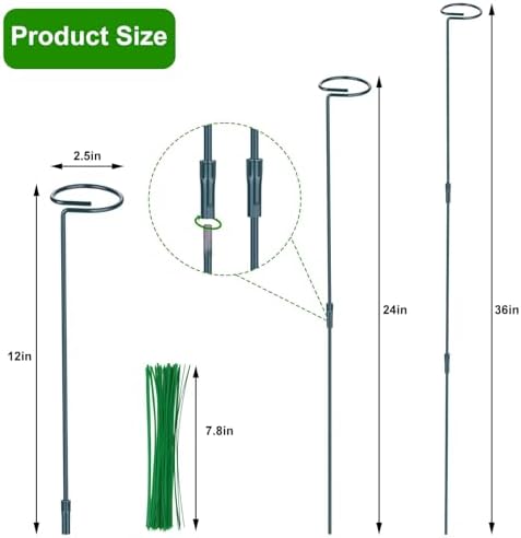 2 Pack (DIY) Plant Support Stakes, Three Sizes (12 or 24 or 36 inch) Plant Support Rings with 20 Pcs Plant Twist Ties, Garden Stake for Indoor Outdoor Plant Flowers, Amaryllis,Tomatoes