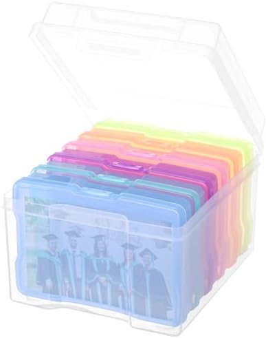 Photo Storage Box 5" x 7", Extra Large Transparent Plastic Photo Organizer Craft Keeper with 6 Colorful Inner Case for Cards, Pictures, Stamps, Stickers, Seeds, Office Supplies