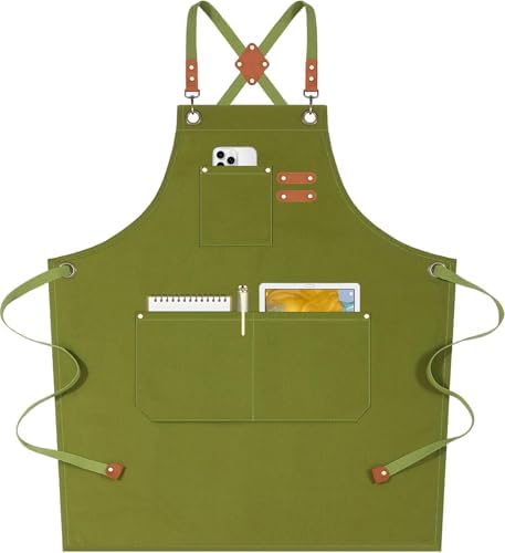 AFUN Chef Aprons for Women Men with Oversized Pockets, 12-Ounce Cotton Canvas Cross Back Water Repellent Apron (Army Green)