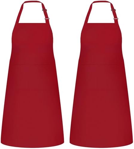 2 Pack Kitchen Aprons with 2 Pockets for Women Men, Chef Aprons for Baking BBQ Cooking, Red