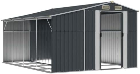Anthracite Galvanized Steel Garden Shed with Polypropylene Roof, Large Outdoor Storage for Tools and Firewood, 143.9 x 109.1 x 70.5 Inch Dimensions, Durable Construction