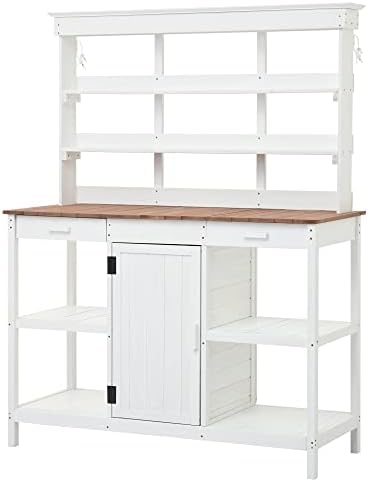 66" Large Outdoor Farmhouse Wooden Potting Bench Table, Garden Workstation with 2 Drawers, Cabinet and Open Shelves for Backyard, Mudroom (White/Outdoor#)