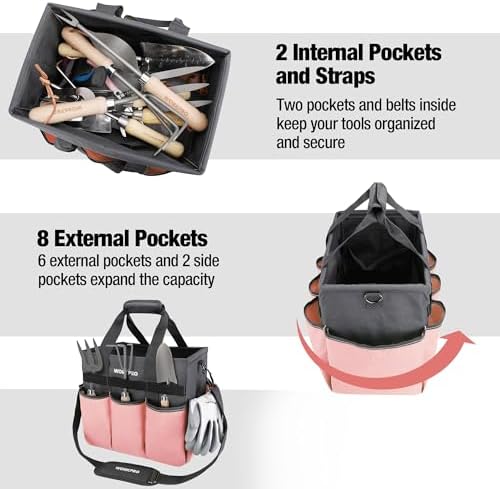 WORKPRO Garden Tool Bag, 10 Pockets and Shoulder Strap, Pink