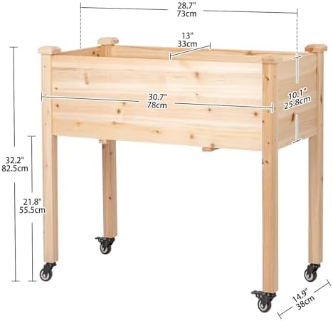 Raised Garden Bed with Lockable Wheels, 32x16x32 inch Elevated Wood Planter with Protective Liner for Vegetable Flower Herb Outdoor Balcony Patio Backyard, Natural