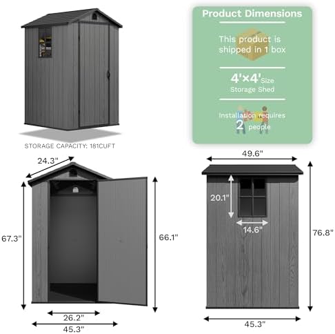 Greesum 4x4FT Plastic Outdoor Storage Shed with Floor, Dark Gray