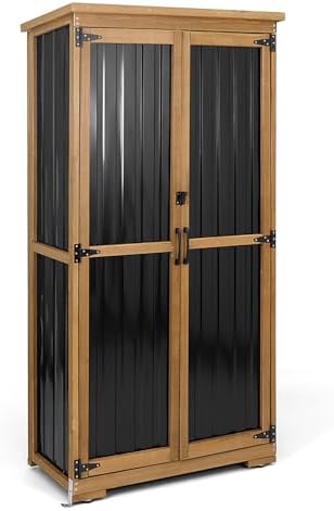 Outdoor Storage Cabinet, Wood & Metal Storage Shed with Weather-Resistant Roof, Removable Shelves, Lockable Doors, Outside Storage Tool Organizer for Garden, Patio, Backyard, Garage, Pool