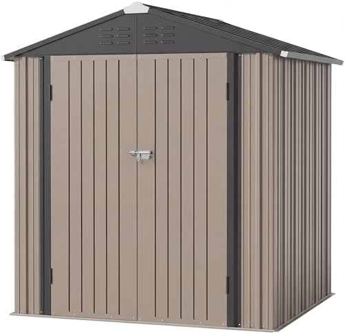 JUMMICO Metal Outdoor Storage Shed 8 x 6 FT Metal Shed with Lockable Door,Waterproof Garden Tool Shed Storage House for Backyard Patio Lawn,Brown
