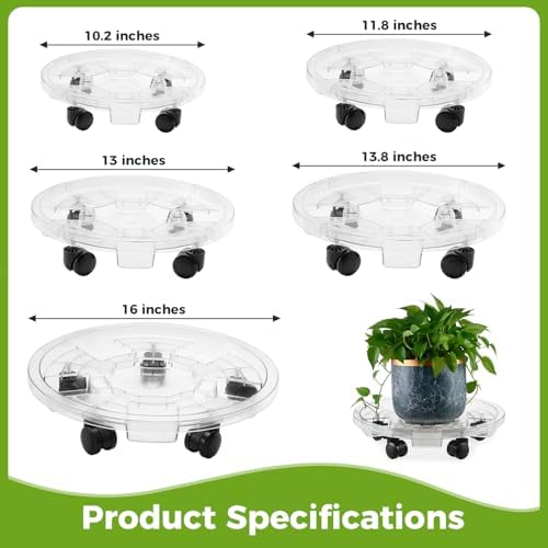4 Packs 10.2 inches Small Clear Plant Caddy Plant Saucers on Wheels Rolling Plant Stands Heavy-duty Plant Dolly Plastic Planter Roller Base Pot Movers Outdoor Plant Tray Coaster