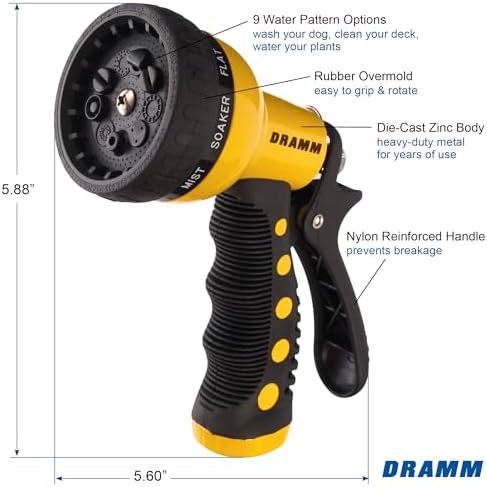 Dramm Revolver Heavy Duty Metal Garden Hose Nozzle – 9 Spray Patterns, High Pressure Jet, Thumb-Control Flow, Ergonomic Grip – Yellow