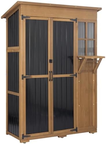 Large Outdoor Storage Cabinet Waterproof with Shelves, Outside Storage Shed Tall Backyard Cabinet with Fold-Out Table for Patio, Garage, Garden, Pool Accessories Storage, Black, 70.5" H x 51" L