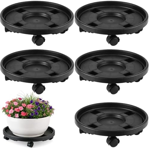 5-pack 13" Large Plant Caddy with Wheels Plastic Plant Dolly with Locking Caster Flower Pot Mover Rollers Wheeled Rolling Plant Stands Round Plant Saucer on Wheels Indoor Outdoor Base Coasters Black