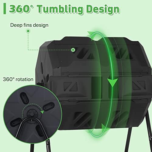 43 Gallon Outdoor Compost Bin Large Tumbling Composter Garden Dual Composting Bins with Dual Chamber Sliding Doors & Aeration System for Garden Patio, All Season Composter, Black Door