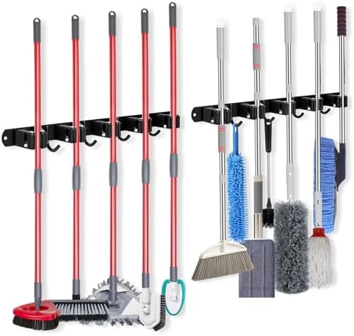 voze [2 Pack] 5 Racks and 4 Hooks Mop and Broom Holder Wall Mount, Self Adhesive Heavy Duty Broom Organizer Storage Tool Racks for Kitchen Garden Laundry Garage Black