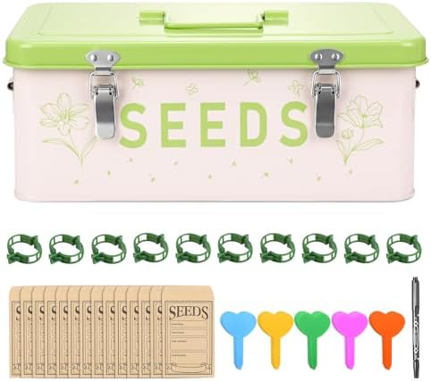 Seed Storage Organizer Box – Large Metal Seed Box with Dividers, 50 Envelopes, 100 Plant Labels, 50 Clips & Marker Pen | Seed Packet Container for Garden