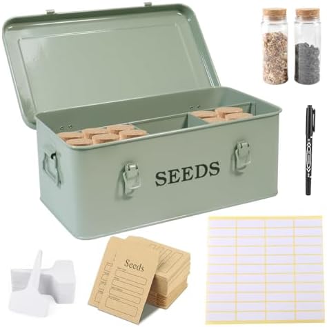Seed Storage Organizer, 4 Compartment Seed Storage Box with Safety Lock, Metal Seed Box Seed Packet Container with 1 Pen, 12 Slots, 20 Plant Labels & 30 Seed Envelopes, Green Gardening Gift