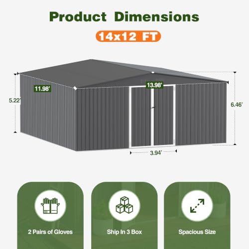 14 x 12 FT Outdoor Storage Shed, Heavy-Duty Galvanized Steel Tool Shed with Reinforced Frame, Lockable Double Door & Side Vents for Backyard Large Equipment, Dark Gray