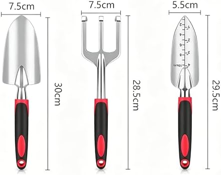 Stainless Steel Garden Tool Set，3 Pieces, Including Hand Shovel & Transplant Shovel & Hand Rake with Non-Slip Soft Ergonomic Handle (red)