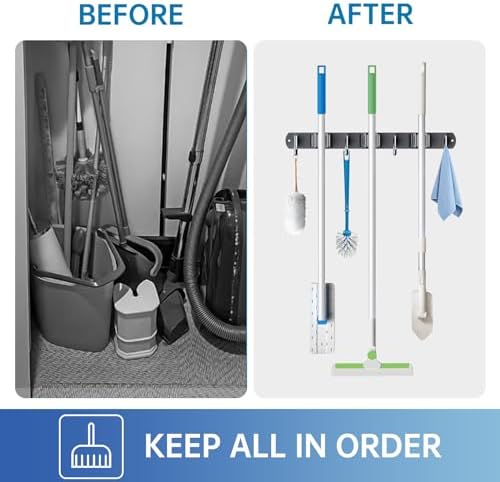 2 Pack Mop Broom Holder Wall Mount 3 Racks 4 Hooks Storage Black