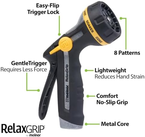 Melnor 65187AMZ RelaxGrip 8-Pattern Hose Nozzle with Quick Connect Bundle, Ergonomic Rear Trigger, Lightweight Water Nozzle, Arthritis Foundation Ease of Use Certified, Black, Yellow
