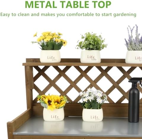 Garden Potting Benches & Tables,Outdoor Wooden Work Station W/Metal Table Top,Drawer,Large Bottom Shelf,Open Shelf Natural Wood-Natural Stained (43.5" D x 20.5" W x 45" H)