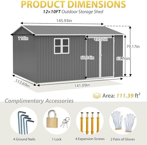YOPTO 12x10 FT Outdoor Storage Shed, Large Metal Garden Tool Shed with Updated Frame Structure,Lockable Doors and Window,Ideal for Backyard Garden Patio Lawn, Grey