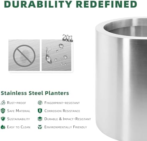 9.8 Inch Dia Round Planter, Modern Indoor Outdoor Large Stainless Steel Plant Pot and Plant Caddy with Wheels for Home Patio Garden, Easy to Clean and Move