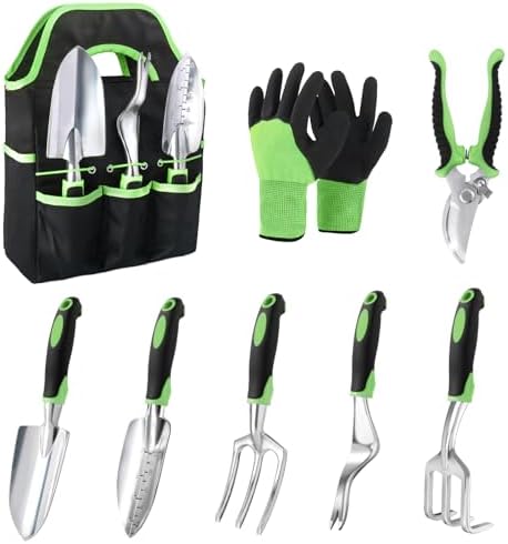 Garden Tools Set, 8 Piece Garden Tool Set with Storage Bag, Green