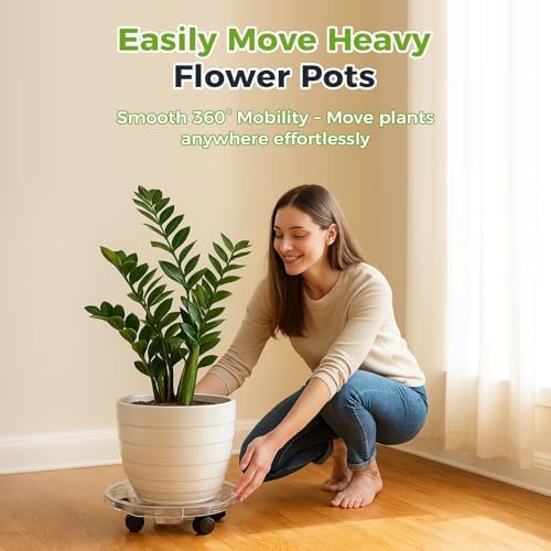 4 Packs 10.2 inches Small Clear Plant Caddy Plant Saucers on Wheels Rolling Plant Stands Heavy-duty Plant Dolly Plastic Planter Roller Base Pot Movers Outdoor Plant Tray Coaster