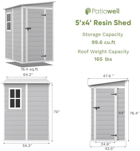 Patiowell 5x4 FT Resin Outdoor Storage Shed with Floor, Light Gray