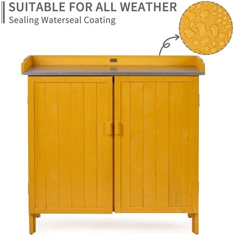 HABAU Outdoor Storage Cabinet with Potting Bench & Metal Tabletop, Wooden Planting Workstation for Garden Patio, Weatherproof