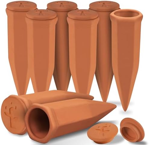 Large Terracotta Watering Spikes with Lids, Automatic Plant Waterer Outdoor | Indoor, Vacation Friendly Clay Plant Watering Devices System, Slow Release Self Watering Planter Insert, 8 Pack
